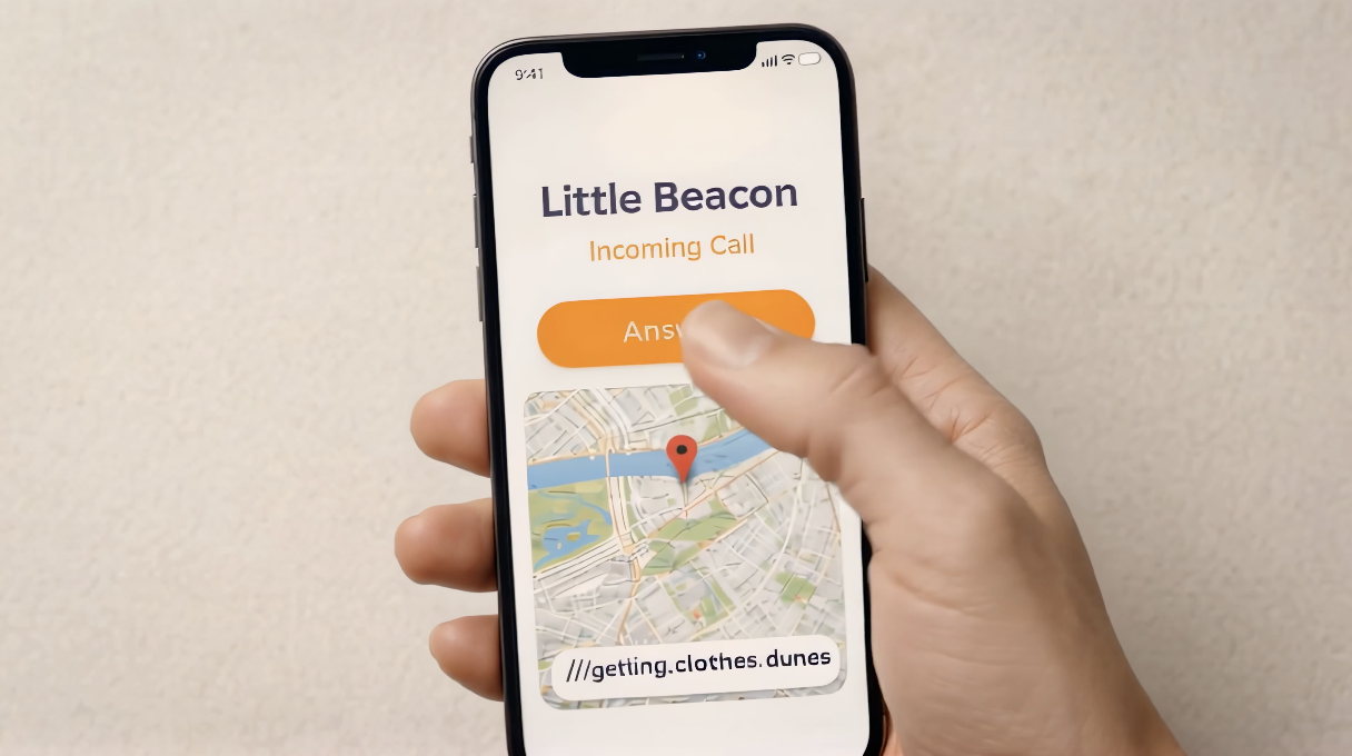Little Beacon app showing incoming call and live location on map